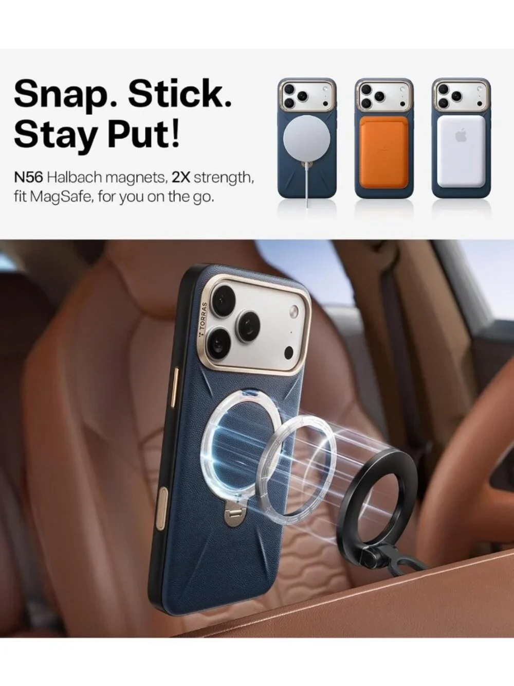 iPhone 17 Pro Max Leather Case - Shockproof, 360° Magnetic Stand, MagSafe